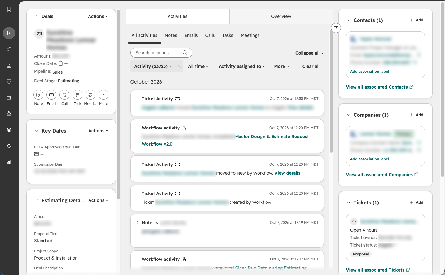 HubSpot Deal detail showing project properties, workflow activity, and an associated Design ticket.
