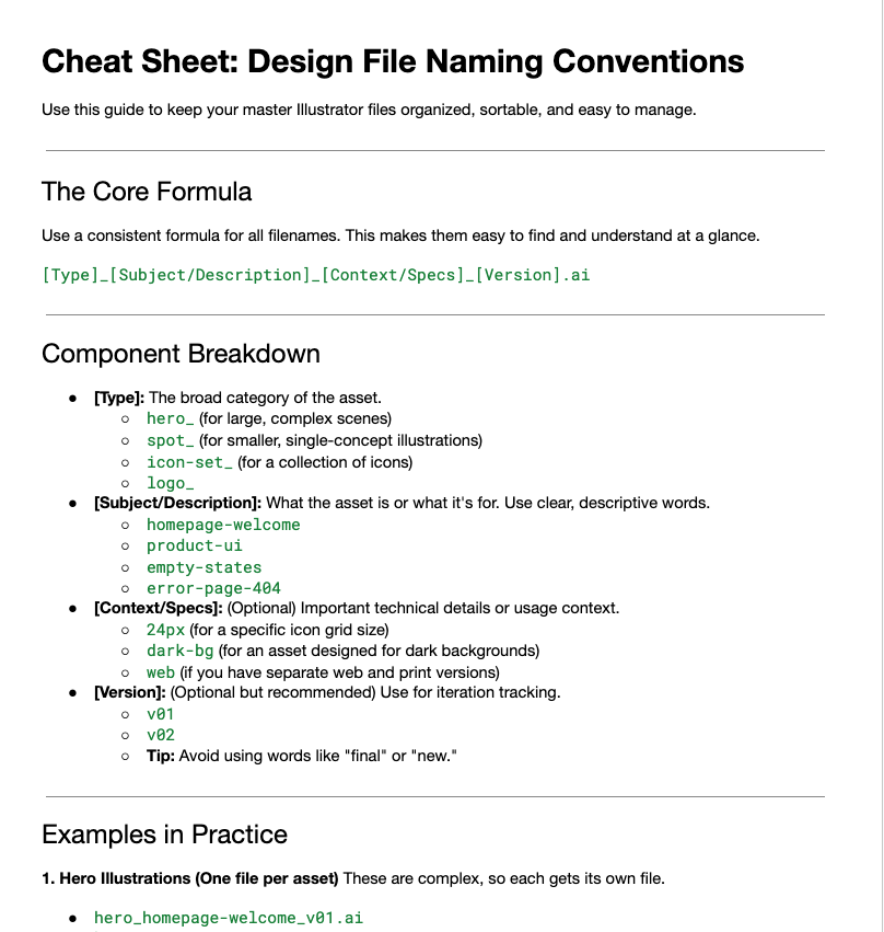 Design file naming conventions guide showing astandardized filename structure and examples.
