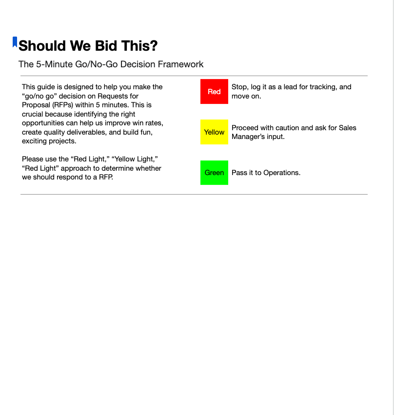 Bid-evaluation guide using green, yellow, and red categories to help employees assess opportunities and determine when further review is needed.