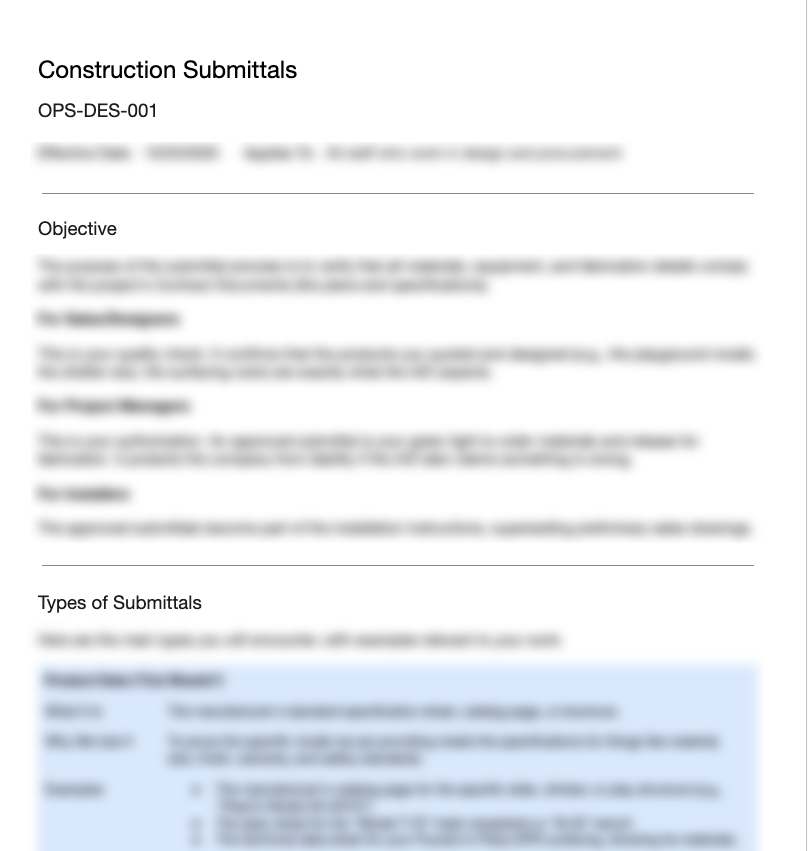 Construction submittals procedure page showing its objective, scope, and documented process.